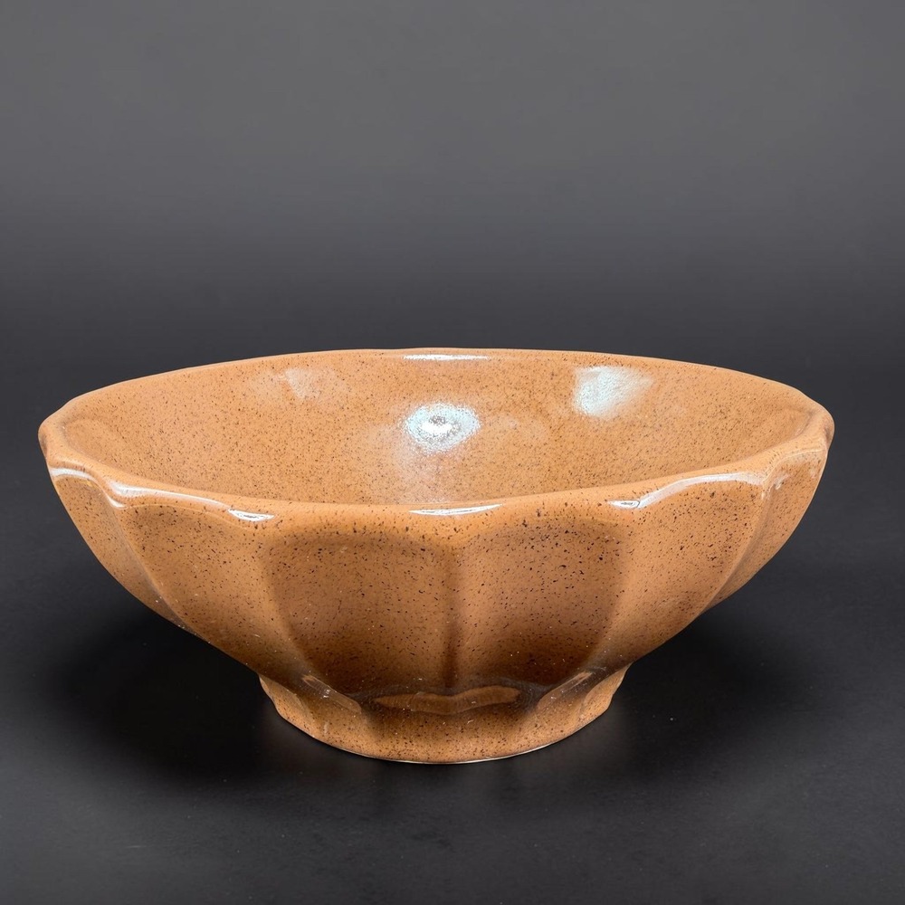 Royal Haeger USA Speckled Tan Scalloped Ceramic Bowl Mid Century Modern 9in VTG